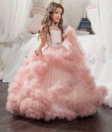 New Cheap Pink Ball Gown Flower Girls Dresses Jewel Neck Illusion Tulle Sashes Tiered Ruffle Floor Length Birthday Child Girl Pageant Gowns