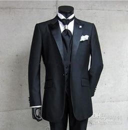 New Real Photo One Button Black Groom Tuxedos Peak Satin Lapel Best man Groomsman Men Wedding Suits Bridegroom (Jacket+Pants+Tie+Vest) 1494