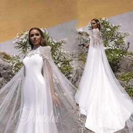 Mermaid Wedding Dresses With Long Train Jewel Neck Beads Appliques Satin Wedding Dress Sweep Train Bridal Gown