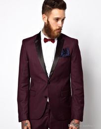 High Quality Two Button Burgundy Groom Tuxedos Groomsmen Peak Lapel Best Man Blazer Mens Wedding Suits (Jacket+Pants+Tie) H:736