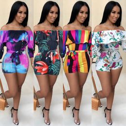 jumpsuit 2021 European sexy word collar off-the-shoulder ruffled long-sleeved pullover tube top printed belt jumpsuit support mixed batch