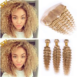 Deep Wave Honey Blonde Human Hair Weaves With Lace Frontal Closure #27 Strawberry Blonde Hair Extensions With Lace Frontal Closure 4Pcs/Lot