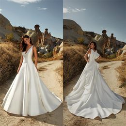 Elegant A-line Eddy K Wedding Dresses Sexy V-neck Sleeveless Ruched Satin Bridal Dress Big Bow Sweep Train Beach Robes De Mariée Cheap