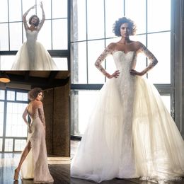 2021 Full Lace Sheath Wedding Dresses with Detachable Train Tulle Skirts Sheer Neck Backless Back Split Long Sleeves Bridal Wedding Gowns