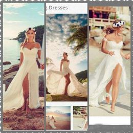 Sexy Beach Wedding Dresses Off the Shoulder Appliuqes Lace Chiffon High Split Cheap Wedding Dresses Summer Boho Bridal Gowns