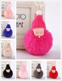 Sweet fluffy pompom pacifier baby keychain artificial rabbit plush ball knitted cap baby doll keychain car key ring toy fashion gift SZ618