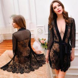 Sexy lingerie black lace robe hot sexy costumes open chest underwear women Exotic Apparel Baby Dolls intimates pajamas slips