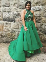 New 2019 Green Prom Dresses Halter Appliques High Low Sexy Satin Arabic Evening Party Pageant Gowns Vestidos De Fiesta Customized M92