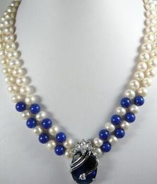 free shipping Noble 2 row White 7-8 Genuine Pearl Lapis lazuli Dark-Blue 18KGP Zircon Crystal pendant women Jewelry Necklace 18inches