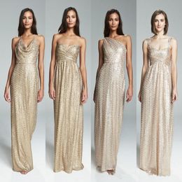 New Champagne Gold Sequined Bridesmaids Dresses Empire Maid Of Honor Bling Long Plus Size Pregnant Maternity Formal Evening Prom Gowns 4660