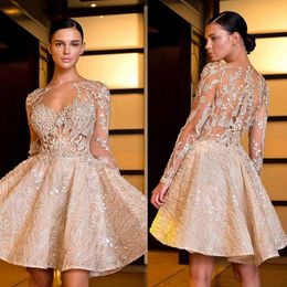Luxury Crystal Cocktail Dresses Jewel Long Sleeves Full Lace Appliques Beads Sequins Ball Gown Prom Dress Knee-Length Evening Gowns