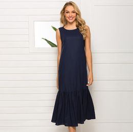 2019 Summer Dress Women Sleeveless Pleated Party Dresses Beach Vestido Cotton Linen Long Maxi Dress Plus Size Sundress Dark Blue