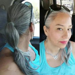 Grey Human Hairpiece PONYTAIL with micro clamp, combs and elastic drawstring straight voluminous very long silvery Grey grey for women