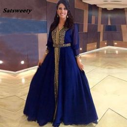 Royal Blue Chiffon Evening Dresses 2021 Long Sleeves Vintage Saudi Arabian Muslim Red Carpet Formal Party Gowns with Gold Beads