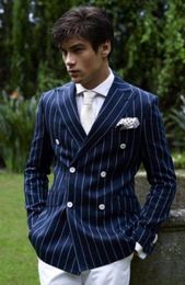 Blue Strips Groom Tuxedos Double-Breasted Men Wedding Tuxedos Peak Lapel Jacket Blazer Popular Men Dinner/Darty Suit(Jacket+Pants+Tie) 1187