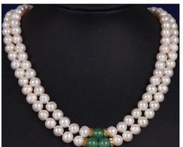 Free shipping 2row double strands 9-10MM GREEN JADE SOUTH SEA WHITE PEARL NECKLACE