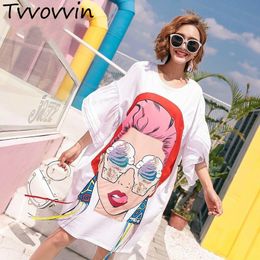 2019 Summer Girl Cartoon Sequins Print Asymmetrical Tops Tassel Irregular T Shirt Loose Plus Size Big Womans Fashion Tops S030 Y19051301