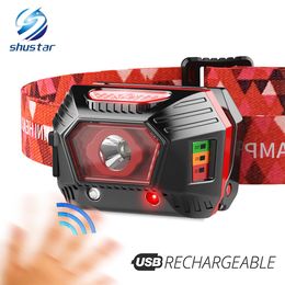 USB Rechargeable LED Headlamp With infrared sensor and battery display, Waterproof Night run LED Headlight Fishing lamp
