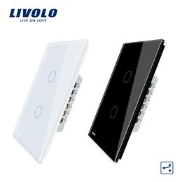 -Livolo New US / AU Standard-Wand-Screen-Lichtschalter, 2 Gang 2-Wege-Wand Touch-Schalter, Weiß / Schwarz-Glasverkleidung