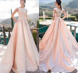 Blush Pink Sexy Satin A Line Wedding Dresses with Pockets Cap Sleeves Sweep Train Lace Wedding Dress Bridal Gowns Long Party Dress