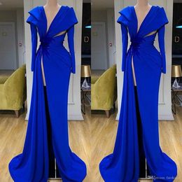 Arabic Dubai Royal Blue Evening Dresses Deep V Neck Satin High Side Split Prom Dress Long Sleeve Ruffles Vestidos De Novia Celebrity