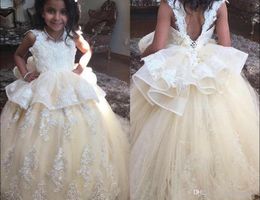 Adorable Champagne Flower Girl Dresses With Peplum Ruffles Appliques Princess Ball Gowns Little Kids Birthday Communion Gowns Pageant Dress