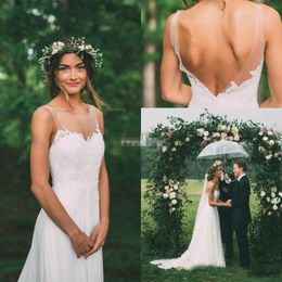 Bohemian Style Country Wedding Dresses Backless Illusion Neck Sleeveless Sheath Chapel Train Vintage Lace Bridal Gowns Plus Size Cheap