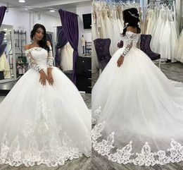 2020 Dubai Arabic Princess Ball Gown Wedding Dresses 3/4 Long Sleeves Lace Appliqued Formal Bridal Gown Plus Size Vestidos De Novia AL3633