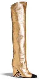 SHOES diamond heels high boots sheepskin leather square metal pillage toes Motorcycle Thigh-high boot long knee booies ts 34-44 Gold 01 400 T-