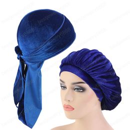 2pcs/lot Unisex Long Tail Velvet Durag And Bonnet Set Women Sleep Cap Doo Rag Breathable Bandana Chemo Hat Headwear