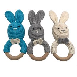 Baby Teething Ring Crochet Rabbit Chew Teether Safe Wooden Teether Natural Newborn Bunny Sensory Bracelet Toys Gift