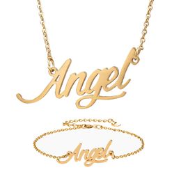 Name Angel Script Charms for Women Stainless Steel real gold Customised name necklace and bracelet set Letter Gold Choker Chain Necklace Pendant Nameplate Gift