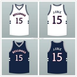 Bulldogs High School J. Cole #15 White Navy blue Retro Basketball Jersey Mens Stitched Custom Any Number Name Jerseys
