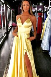 Sexy Slit V Neck Satin Yellow Evening Dresses Long A Line Cris-cross Back Prom Dresses Formal Party Gown Robe de soiree