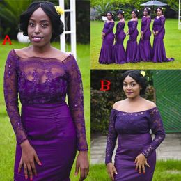 Plus Size Bridesmaid Dresses Mixed Style Off Shoulder Appliques Satin Lace Long Sleeves Arabic Maid of Honor Gowns African Bridesmaid Gowns