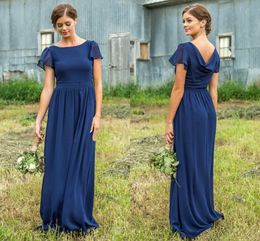 Jewel Neck A-line Bridesmaid Dress Short Sleeves Pleated Floor Length Chiffon Wedding Guest Gown