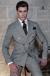 Brand New Grey lattice Men Wedding Tuxedos Double-Breasted Groom Tuxedos Fashion Men Blazer 2Piece Suit Prom/Dinner Jacket(Jacket+Pants+Tie)