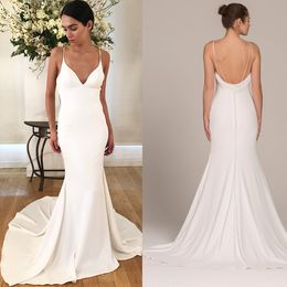 2019 White Sexy Deep V Neck Mermaid Evening Dresses Open Back Party Gowns Simple Floor Length Prom Dresses