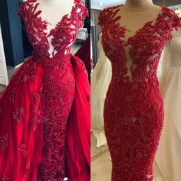 Arabic 2020 Dark Red Luxurious Evening Dresses Lace Beaded Mermaid Prom Dresses Detachable Train Tulle Formal Wears