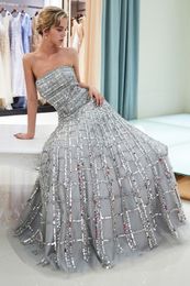 Elegant Strapless Gray Beaded Long Prom Dresses Real Image Major Sequins Stones Floor Length Formal Party Prom Dresses CPS1162