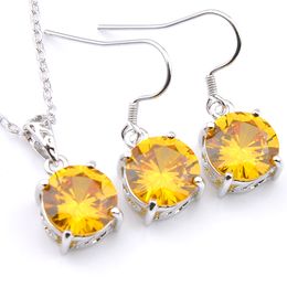 Mix 1 Set Classic Holiday Jewelry Fire Round Shaped Yellow Crystal Zirconia 925 Sterling Silver Pendants Earrings Jewelry Set Holiday Party