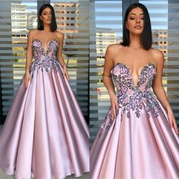 elegant pink aline evening dresses vneck sleeveless appliqued lace formal prom dress ruffle satin sweep train pageant gown cheap