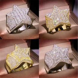 Hip Hop Vintage Fashion Jewelry 925 Sterling Silver&Gold Fill Pave White Sapphire CZ Diamond Party Five Star Women Men Wedding Band Ring