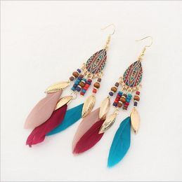 Long Tassel Feather Dangle Earring Vintage Rice Beads Leaf Metal Oil Drip Bohemian Dangling Earrings Fashion Jewellery Wholesale