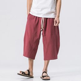 Fashion Mens Summer Breathable Joggers Cotton Linen Pants Solid Colour Calf Length Baggy Loose Drawstring Casual Pants Men