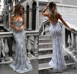 Sexy Backless Silver Prom Dresses Mermaid Sequins Spaghetti Straps Sweep Train Long Evening Gown Formal Occasion Wear Custom Made187M