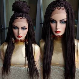 High Quality Dark Brown Box Braids Wigs with Baby Hair Heat Resistant Braiding Synthetic Lace Front Wig Fibre Braided Wigs for Women