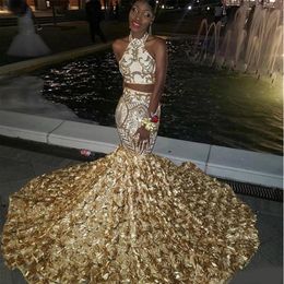 Beautiful Gold Rose Flowers Sequins Prom Dresses African Black Girls Sexy Appliques Two Pieces Satin Evening Gowns Plus Size