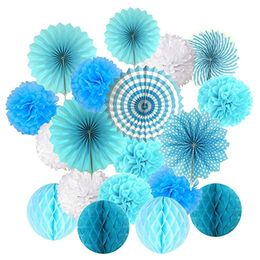 19Pcs/Set Blue Hanging Decorations Set Paper Fans Tissue Paper Pom Poms Flower and Honeycomb Balls for Birthday Party Wedding baby boy