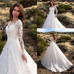 Elegant Sheer Long Sleeves Lace A Line Wedding Dresses Backless Tulle Applique Plus Size Bridal Gowns Robe De Mariage Custom Made BA6671